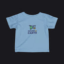 A light blue short-sleeve baby t-shirt with a 'HOUSE OF CARTS' graphic on the chest, displayed flat against a white background.
