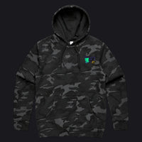 A black and dark gray camouflage pullover hoodie with a small colorful Utah Jazz graphic on the left chest, displayed on a clean white background.