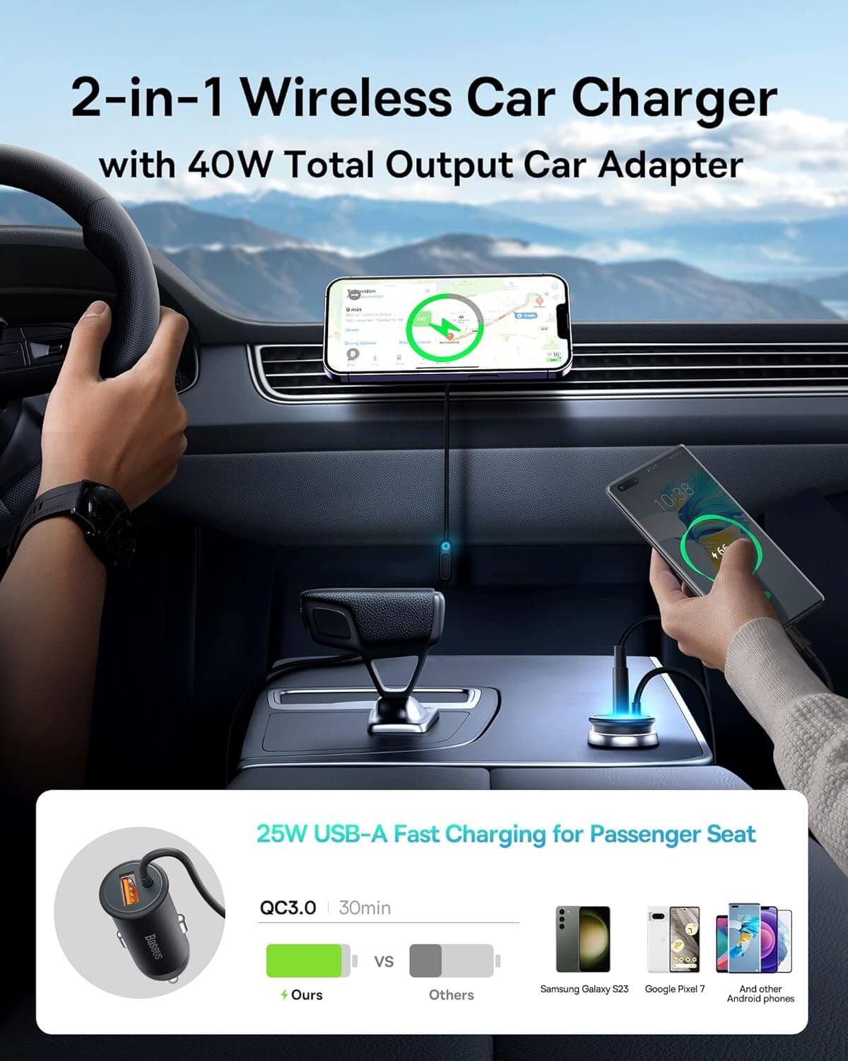 Magsafe Car Mount Charger, [All in One] Baseus 15W Fast Charging Phone Mount for Car Vent, Magnetic Wireless Car Charger with 40W USB A Car Charger and Cable for iPhone 15 14 13 12 Pro Max Plus