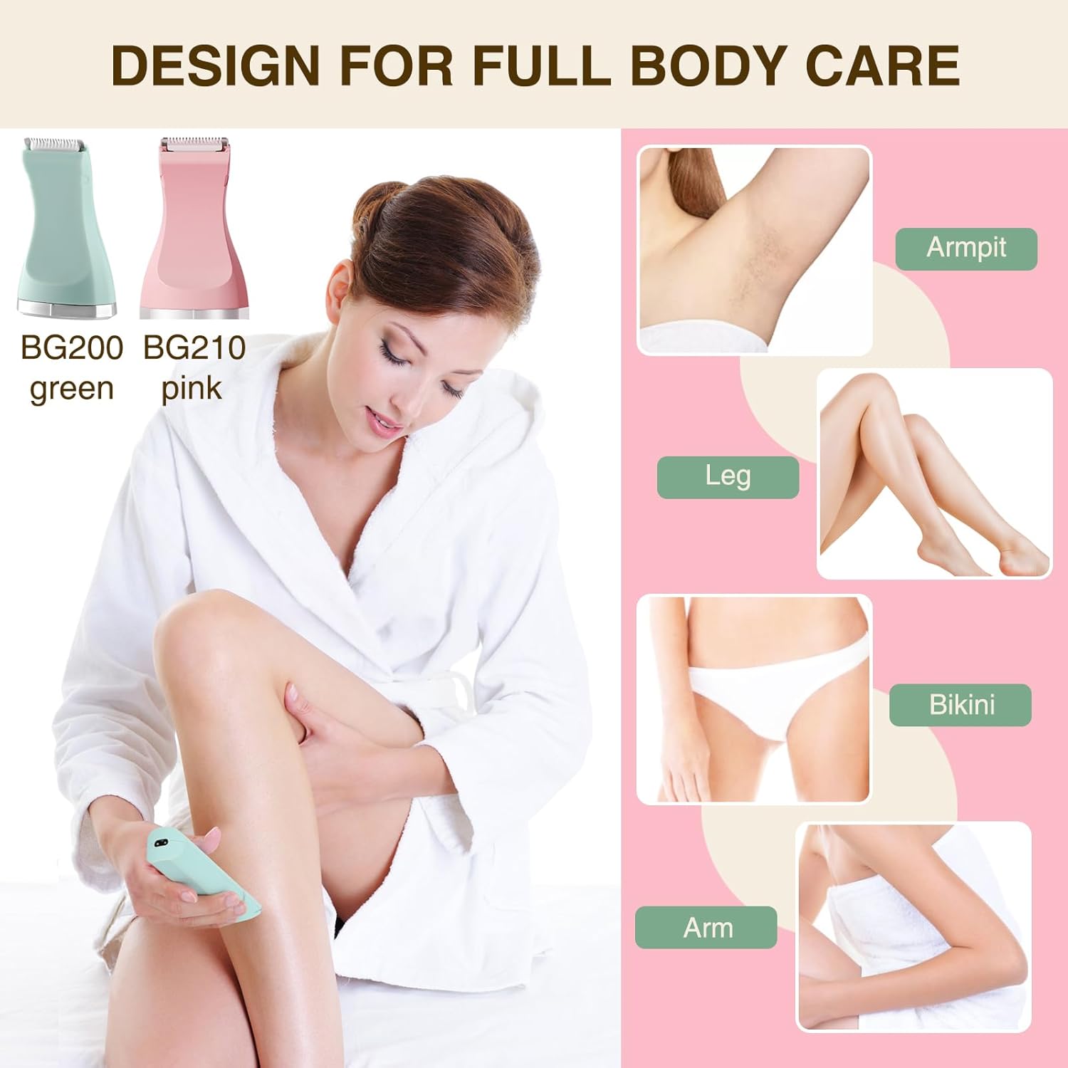 Bikini Trimmer for Women - 2 in 1 Electric Lady Pubic Hair Private Area Legs Arms Removal Personal Elecrtric Razor Shaver Rechargeable with Snap-in Ceramic Blades, Wet and Dry Use,Pink