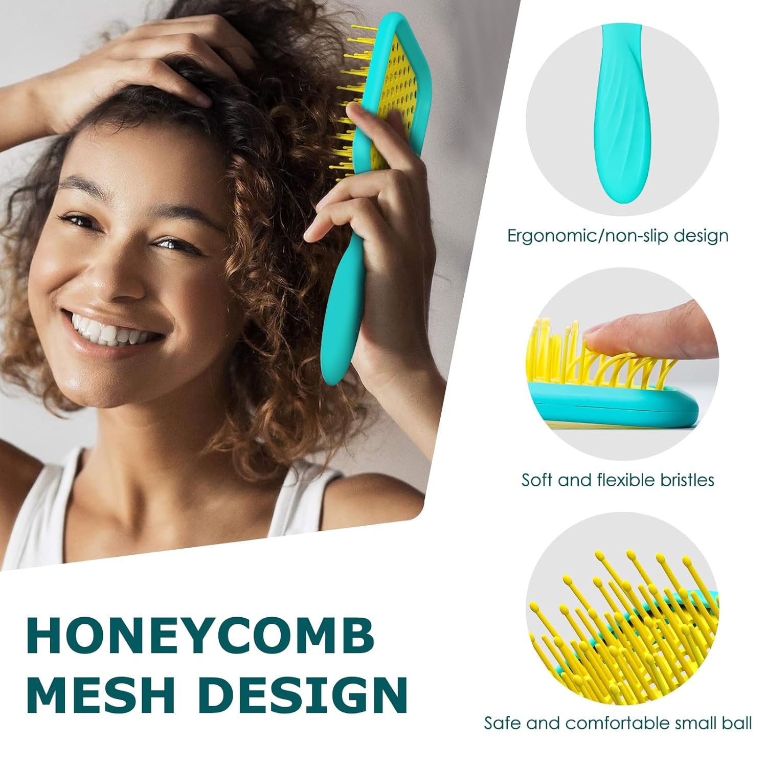 Vented Detangler Brush for Curly Thick Hair, Women Hairbrush with Soft Wave-Shaped Bristles, Curl Detangling Brush for Swimming Beach, Yellow and Blue