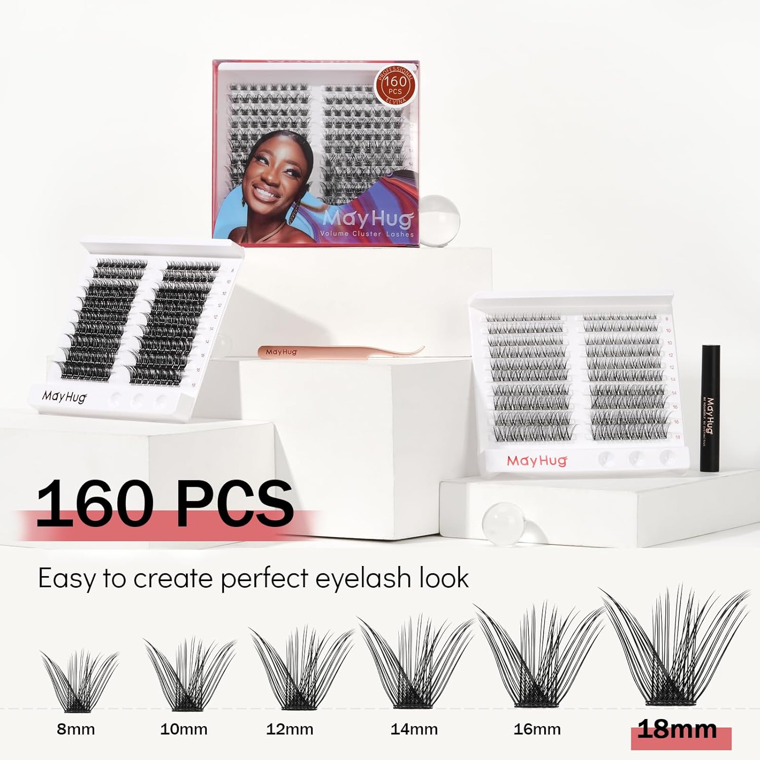 Mayhug Lash Clusters Individual Lashes Lash Extension Clusters 160 Pcs Cluster Lashes D Curl Volume Lash Clusters 8-18mm Wispy False Eyelash Reusable, DIY False Eyelashes Extensions Clusters (Wonder)