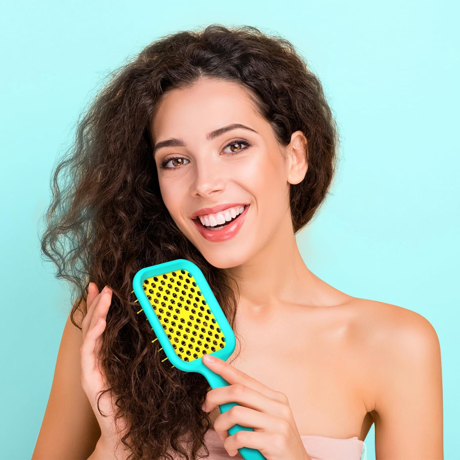 Vented Detangler Brush for Curly Thick Hair, Women Hairbrush with Soft Wave-Shaped Bristles, Curl Detangling Brush for Swimming Beach, Yellow and Blue