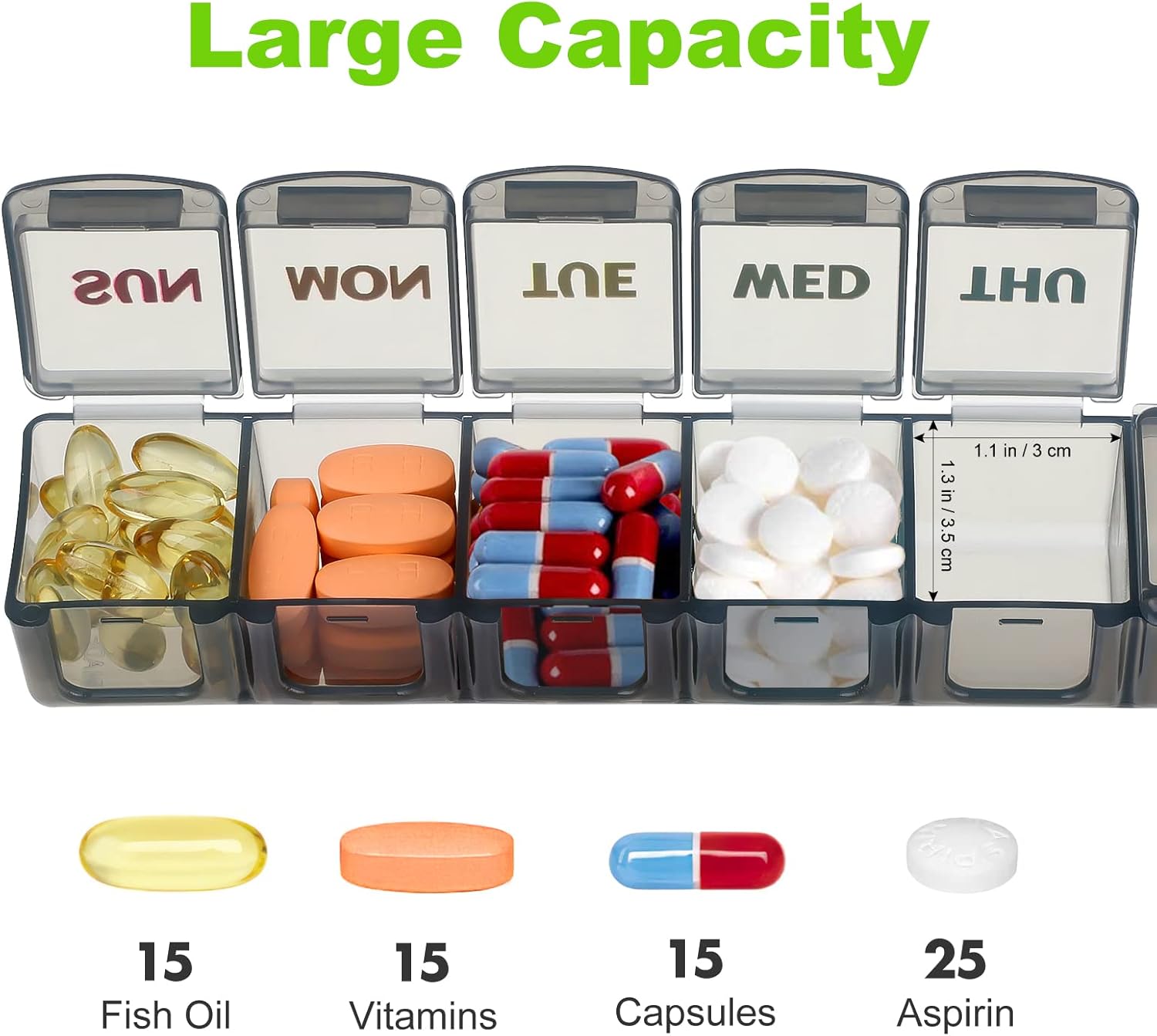 Weekly Pill Organizer Travel Pill Organizer Pill Box 7 Day Large Compartments Portable Easy to Clean for Vitamin Fish Oil Cod Liver Oil Medicine Supplements 2pcs Black+White