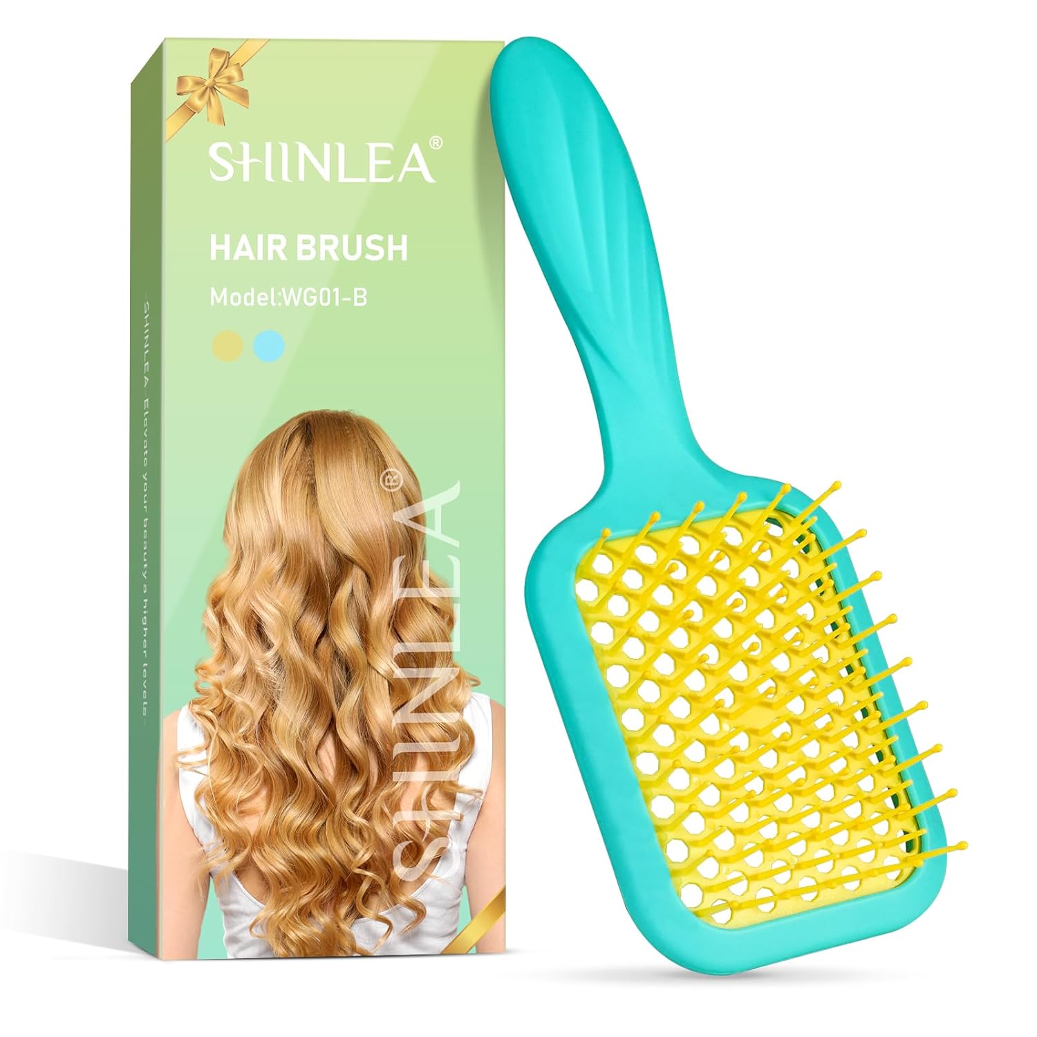 Vented Detangler Brush for Curly Thick Hair, Women Hairbrush with Soft Wave-Shaped Bristles, Curl Detangling Brush for Swimming Beach, Yellow and Blue