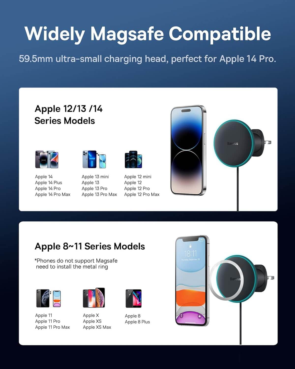 Magsafe Car Mount Charger, [All in One] Baseus 15W Fast Charging Phone Mount for Car Vent, Magnetic Wireless Car Charger with 40W USB A Car Charger and Cable for iPhone 15 14 13 12 Pro Max Plus