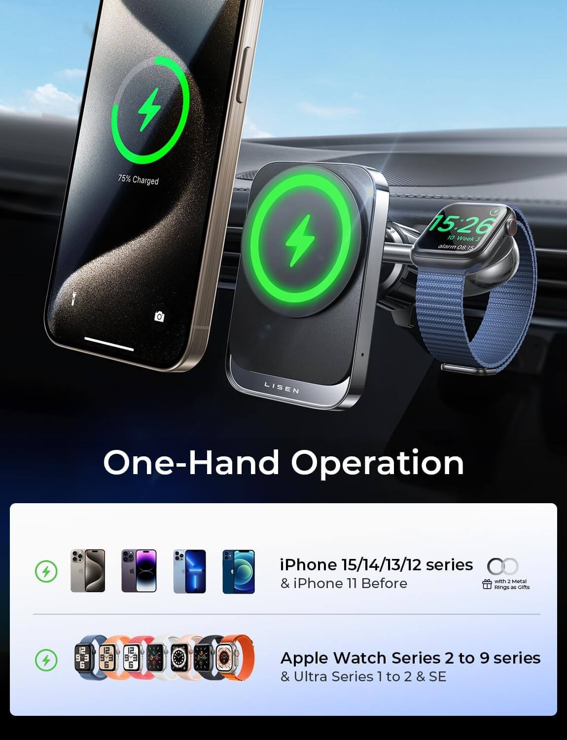 2 in 1 for 18W MagSafe Car Mount Charger [2024 Upgrade] Wireless Car Vent Charger Magnetic Car Phone Holder Mount for iPhone Car Accessories for iPhone 15 14 13 12 Pro Max Plus Apple Watch