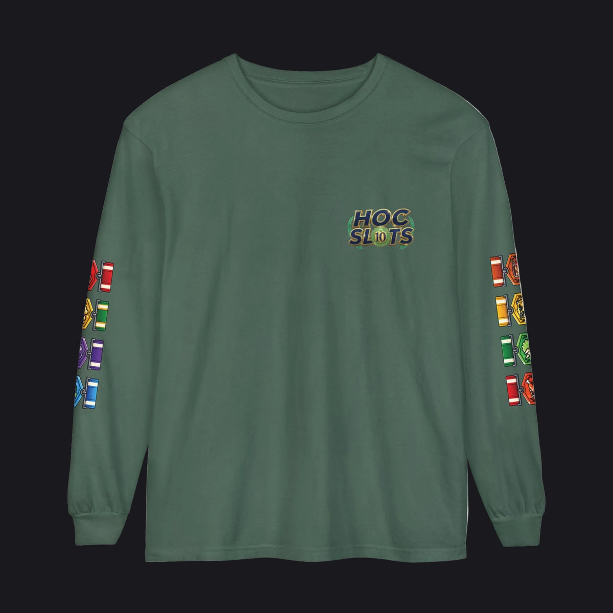 A dark green long-sleeve t-shirt with 'HOC SLOTS' printed on the left chest in a colorful gradient font. The sleeves feature vertical columns of colorful flag-like graphics on both sides.