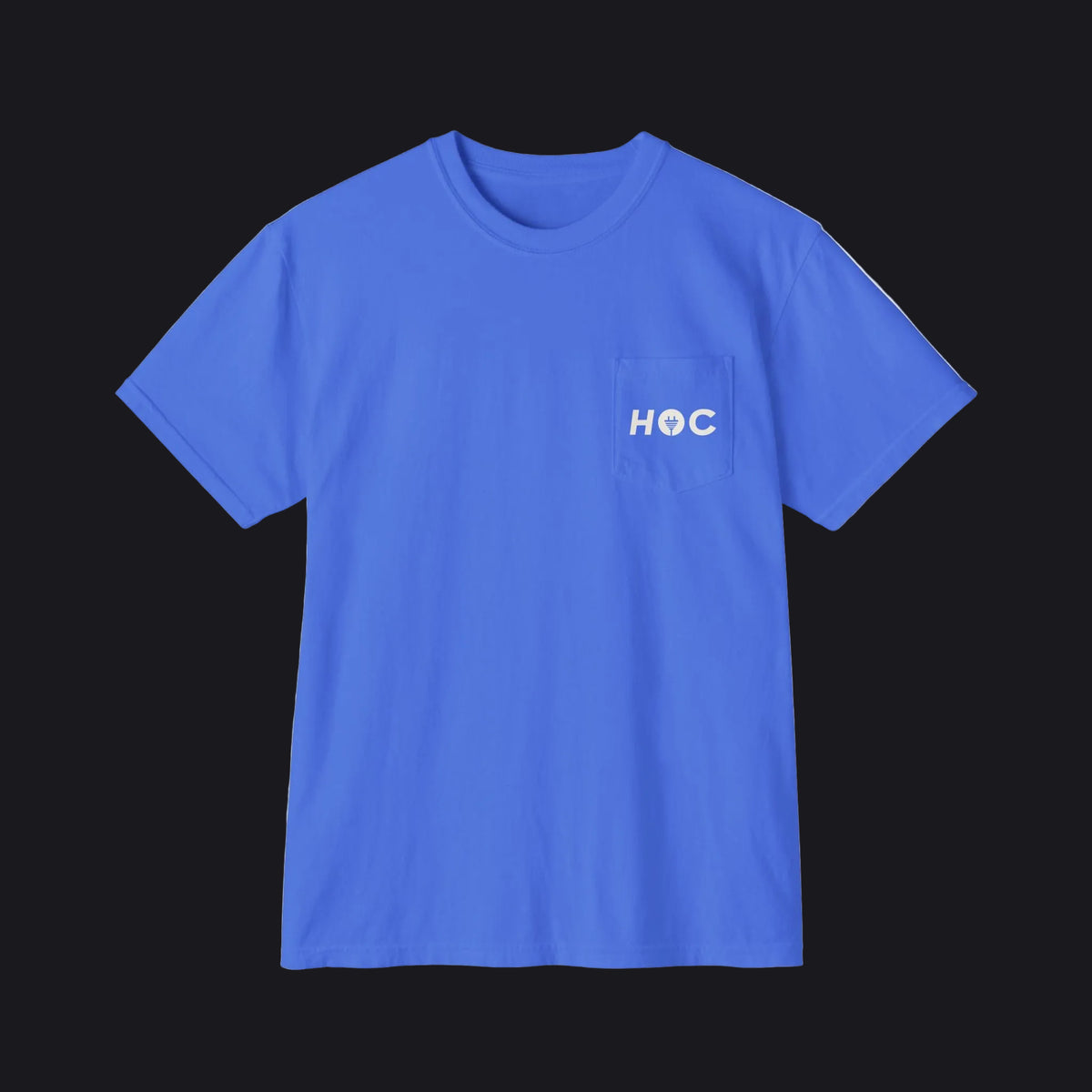 A royal blue short-sleeve crewneck pocket t-shirt with 'HOC' printed in white on the chest pocket, shown against a plain white background.