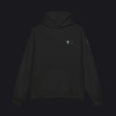 Black hoodie with a logo on the back against a white background