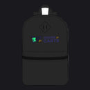 A black backpack with a front logo for 'HOUSE 10 CARTS' featuring a green and purple shopping cart graphic, shown on a plain white background.