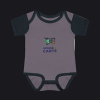 A baby short-sleeve bodysuit with a heathered dark gray body and dark navy sleeves, collar, and leg trim. The chest features a graphic of a green shopping cart with a yellow '10' and the text 'HOUSE OF CARTS' in navy and yellow.
