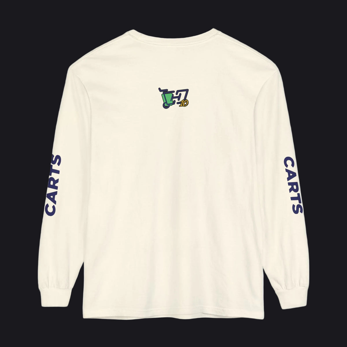 An off-white long-sleeve t-shirt with 'CARTS' printed in navy blue vertically on both sleeves and a small green and navy graphic on the upper chest, shown against a plain white background.