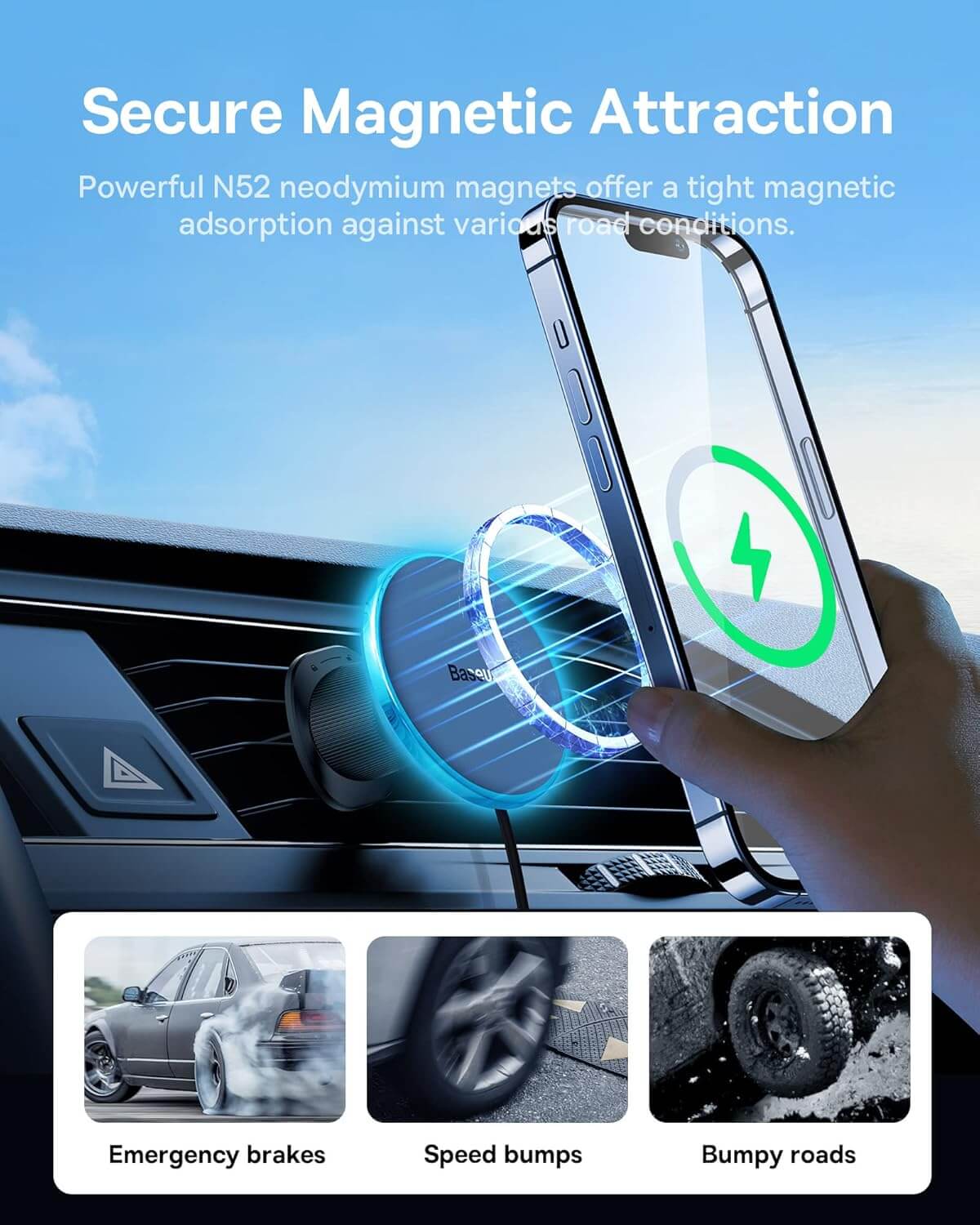 Magsafe Car Mount Charger, [All in One] Baseus 15W Fast Charging Phone Mount for Car Vent, Magnetic Wireless Car Charger with 40W USB A Car Charger and Cable for iPhone 15 14 13 12 Pro Max Plus
