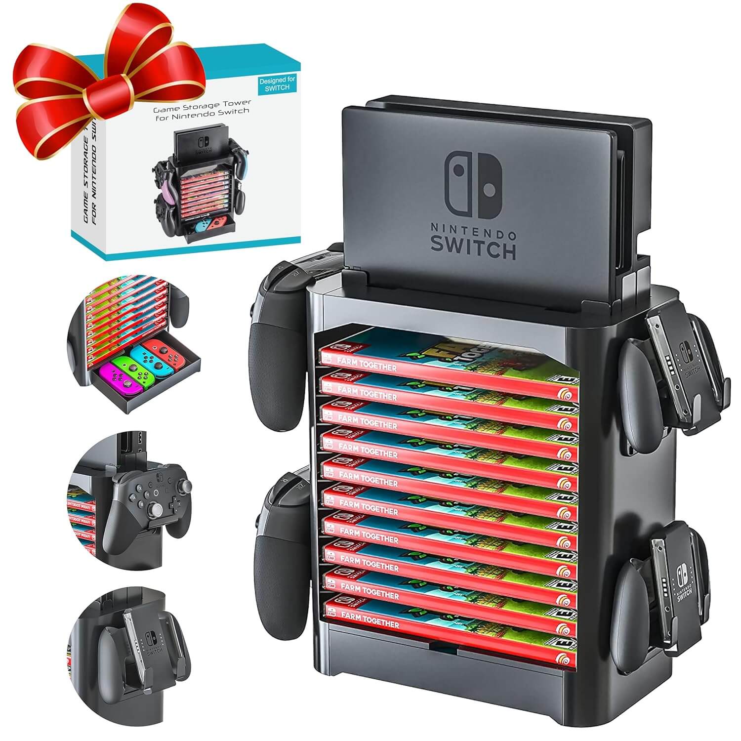 Game Storage Tower Compatible With Nintendo Switch, Nintendo Switch Stand Holder, Game Disk Rack, Controller Organizer, Switch Holder Stand for Gamers (Black)