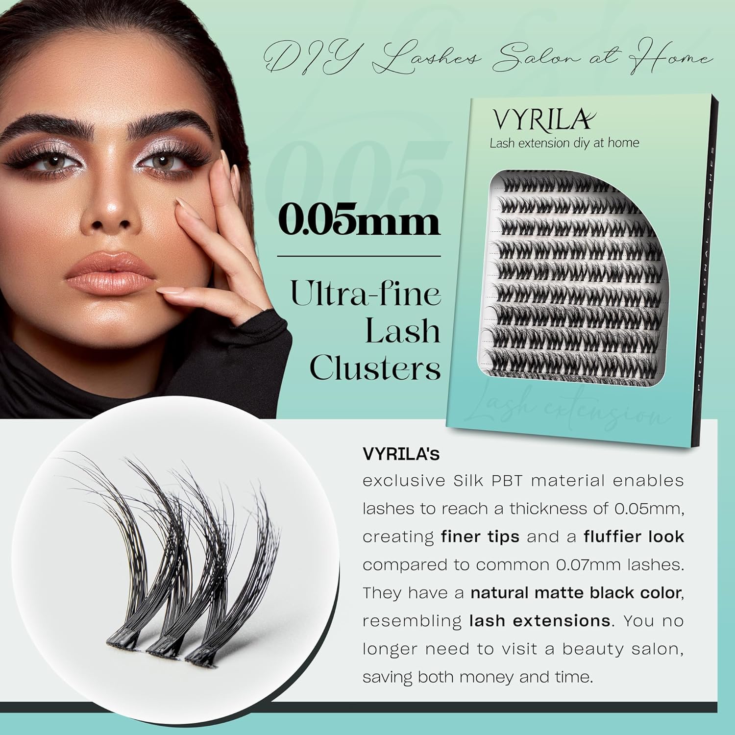 VYRILA Lash Clusters 0.05mm Individual Lashes, 3D Wispy Lashes Clusters, 0.1mm Super Thin Band Resuable Natural Lashes,C Curl Faux Mink Lashes,108pcs Lash Extension (Green Cozy-C-0.05-8-16mix)