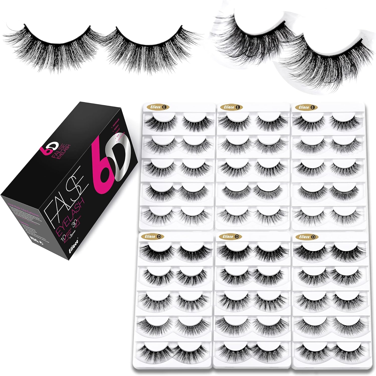 Eliace False Eyelashes Natural look Cat Eye Lashes Wispy Strips,6D Volume Mink lashes 30 Pairs 10 Mixed Styles Fake Eyelashes Pack,Wispy Eyelash Soft Reusable Dramatic Fluffy Beauty Lash Wholesale