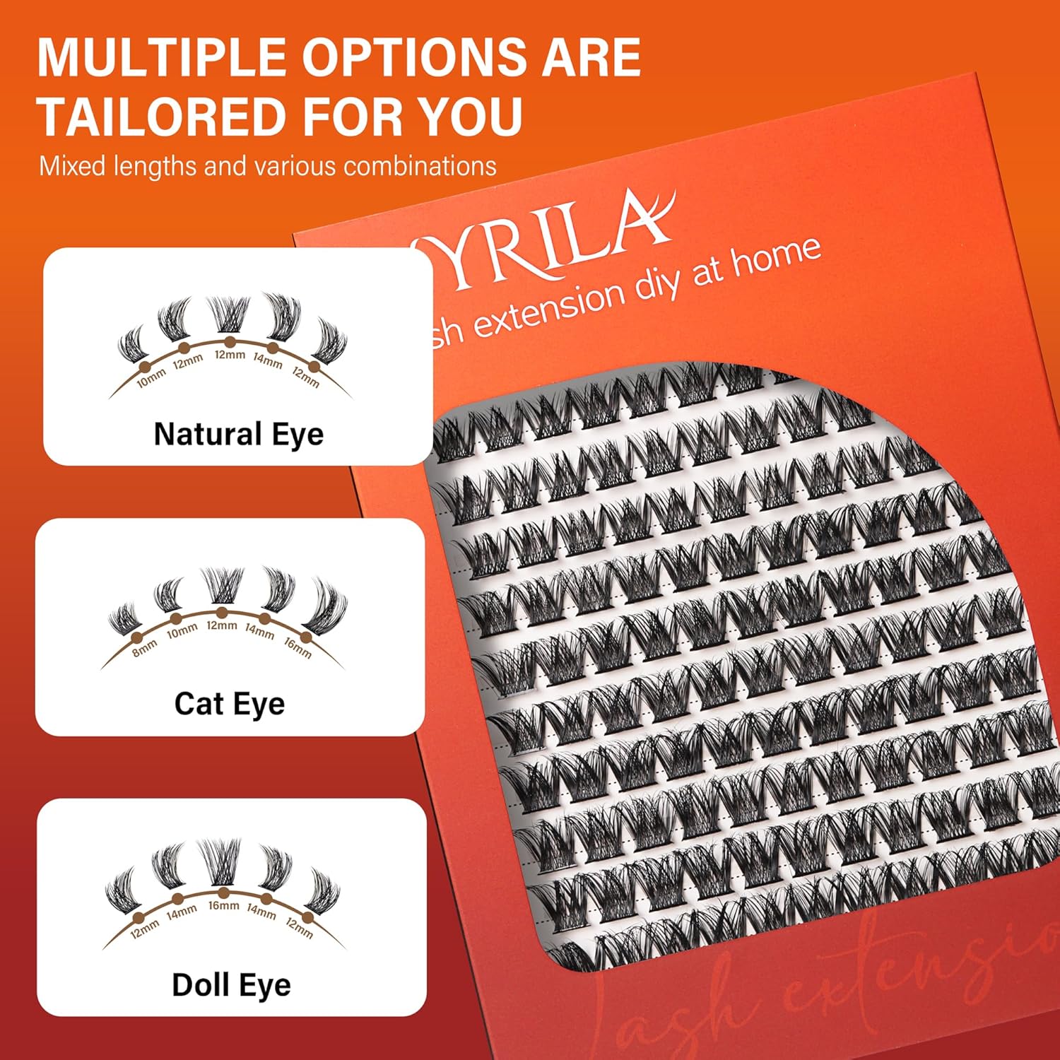 VYRILA Lash Cluster 132pcs Individual Lashes,8-16mm Diy Lash Extension,C Curl Lash Clusters Wispy,3D Natural Lash Clusters Look Like Eyelash Extension DIY at Home (Orange Whisper-C-8-16mix)