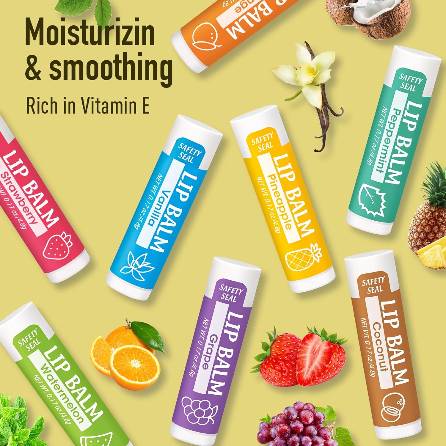 Lip Balm, 8 Pack Natural Bulk with Vitamin E & Coconut Oil, Moisturizing Dry Cracked Lips Protection, 8 Flavors - Stocking Stuffers