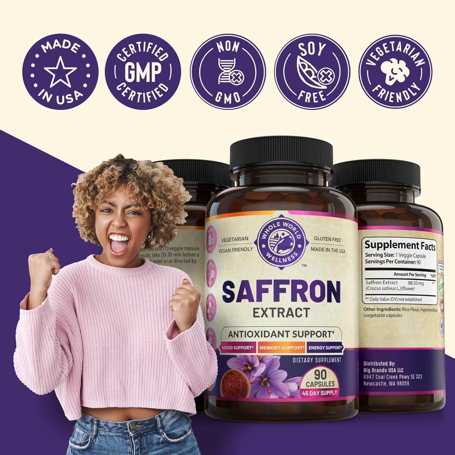 Pure Saffron Extract - Supports Weight and Appetite Health, Mood, Focus, Memory, Digestion, Eye, Skin and Brain Health. NSF Certified Saffron Supplements for Women and Men, 45-Day Supply