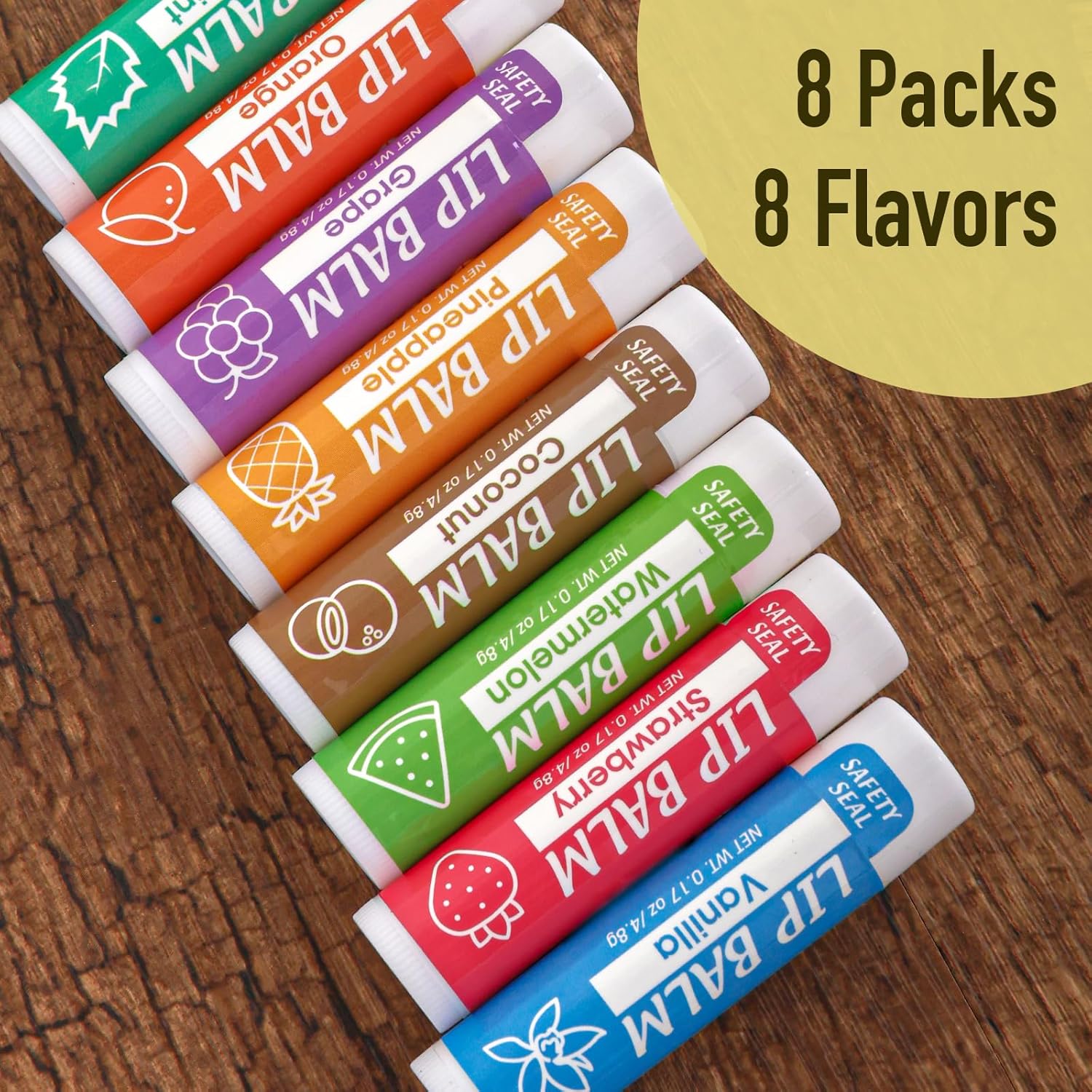 Lip Balm, 8 Pack Natural Bulk with Vitamin E & Coconut Oil, Moisturizing Dry Cracked Lips Protection, 8 Flavors - Stocking Stuffers