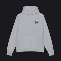 Gray hoodie with a black logo on the chest against a white background