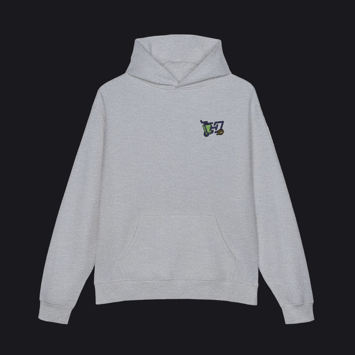 Gray hoodie with a black logo on the chest against a white background