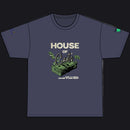 A navy blue short-sleeve t-shirt with a graphic on the front reading 'HOUSE OF Cards' above a stack of green money and roses, shown on a plain white background.