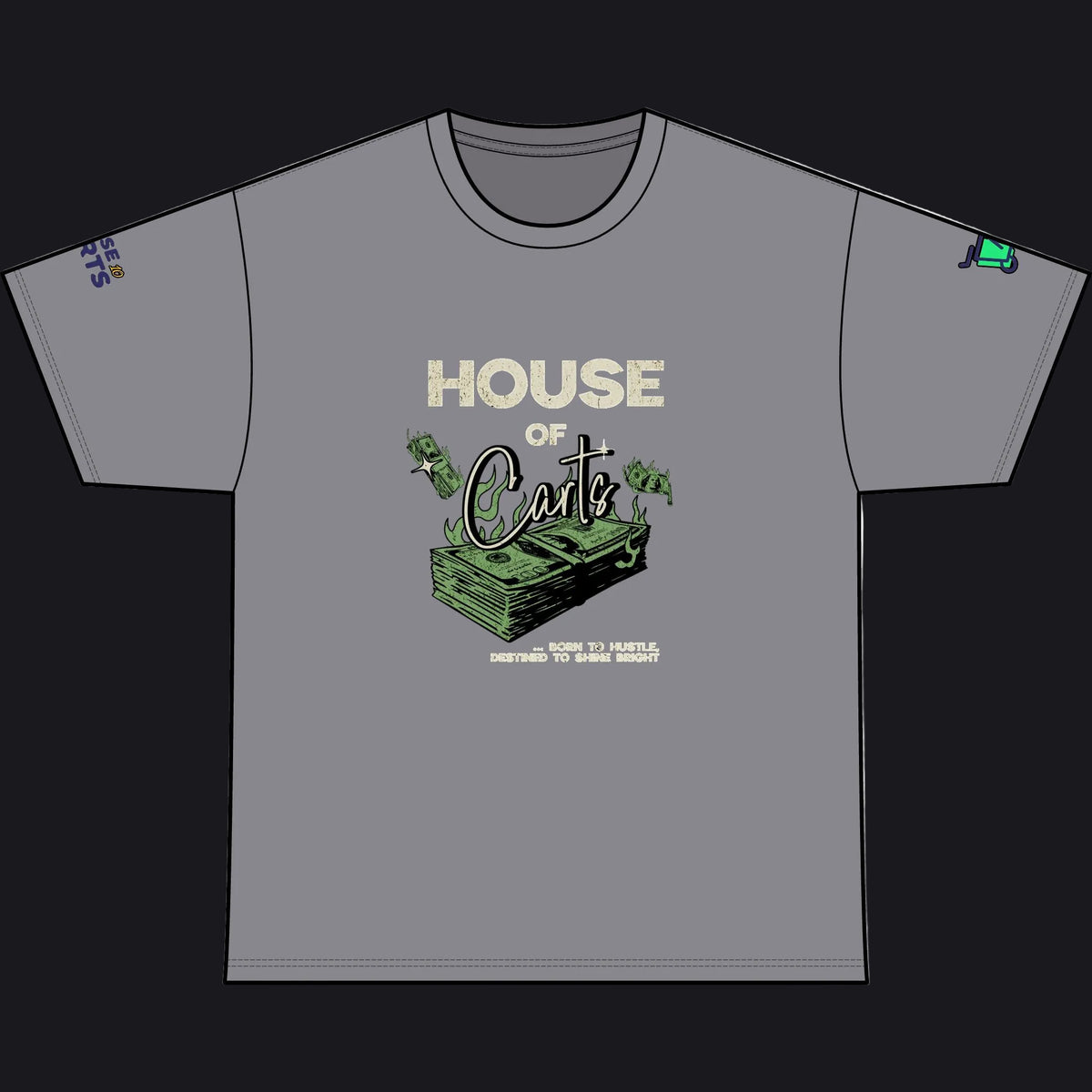 A gray short-sleeve t-shirt with a graphic on the front that reads 'HOUSE OF Carts' above an illustration of a stack of green cash and dollar bills, with small sleeve graphics on both shoulders.