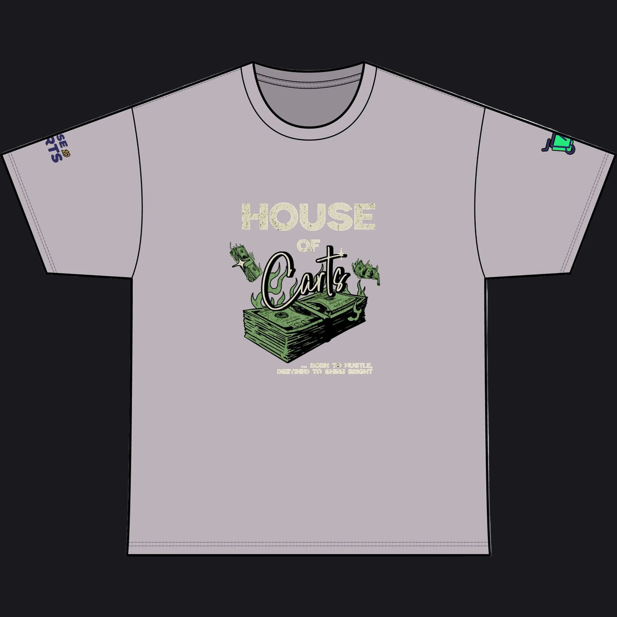 A light gray crewneck t-shirt with a graphic on the front featuring the text 'HOUSE OF Carts' in a distressed cream font above a green illustration of a stack of cash and dollar bills. The t-shirt is shown flat against a solid white background.