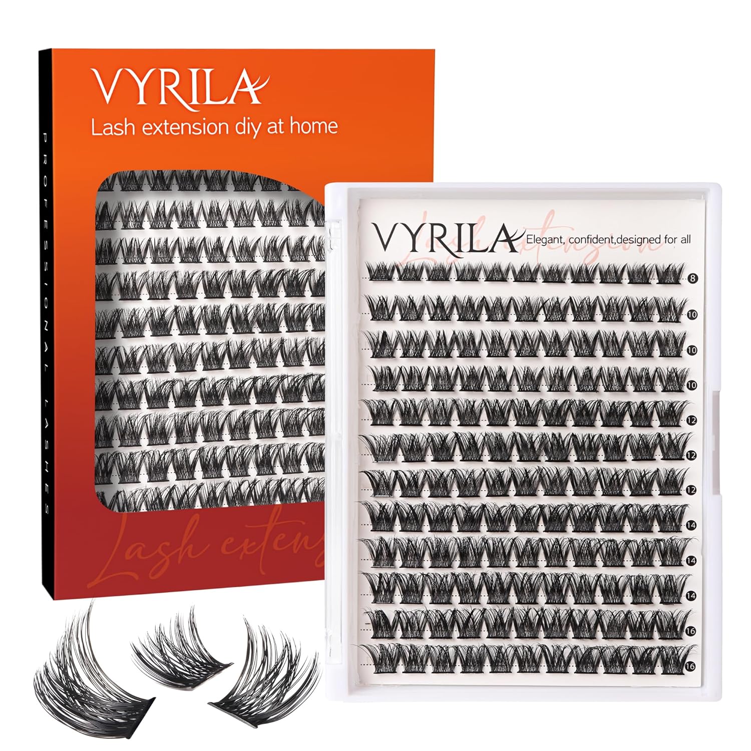 VYRILA Lash Cluster 132pcs Individual Lashes,8-16mm Diy Lash Extension,C Curl Lash Clusters Wispy,3D Natural Lash Clusters Look Like Eyelash Extension DIY at Home (Orange Whisper-C-8-16mix)