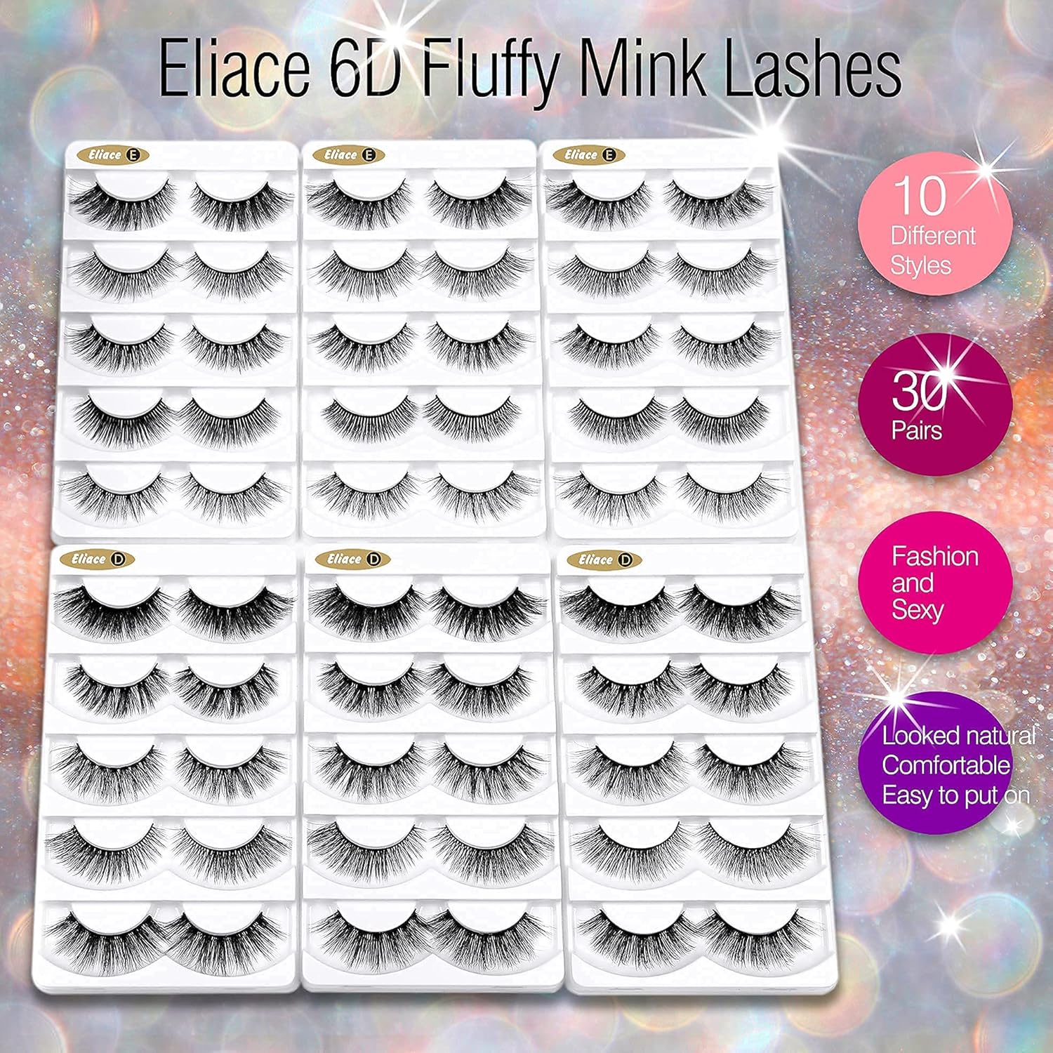 Eliace False Eyelashes Natural look Cat Eye Lashes Wispy Strips,6D Volume Mink lashes 30 Pairs 10 Mixed Styles Fake Eyelashes Pack,Wispy Eyelash Soft Reusable Dramatic Fluffy Beauty Lash Wholesale