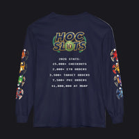 A navy blue long-sleeve t-shirt shown from the back, featuring a large 'HOC SLOTS 10' graphic with white text detailing 2026 statistics on the back, and colorful cartoon graphics printed down both sleeves.