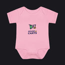 A light pink short-sleeve baby bodysuit with a graphic on the chest showing a green shopping cart and the text 'HOUSE OF CARTS' in navy and yellow, displayed on a clean white background.