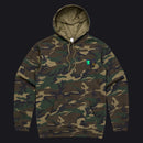 A camouflage pullover hoodie with a green and brown woodland camo pattern, featuring a small embroidered logo on the left chest with a green 'V' and the text 'VINTA'. The hoodie has a front kangaroo pocket and a drawstring hood, shown flat against a plain white background.