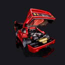 Rear clamshell raised high, the underside of the panel and the full engine bay in frame.