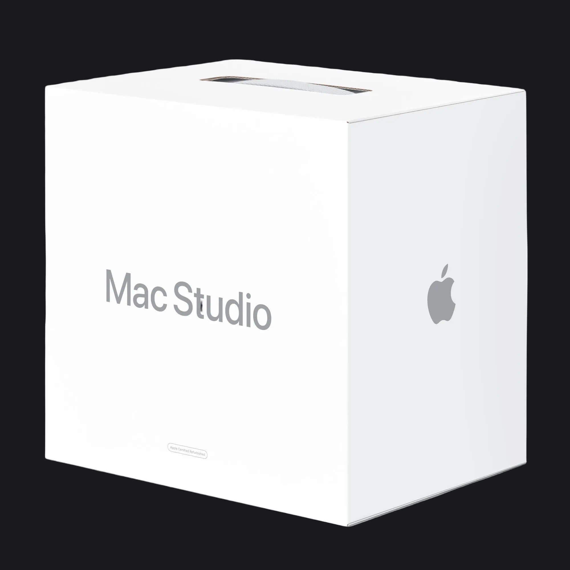 White box with 'Mac Studio' and Apple logo on a white background